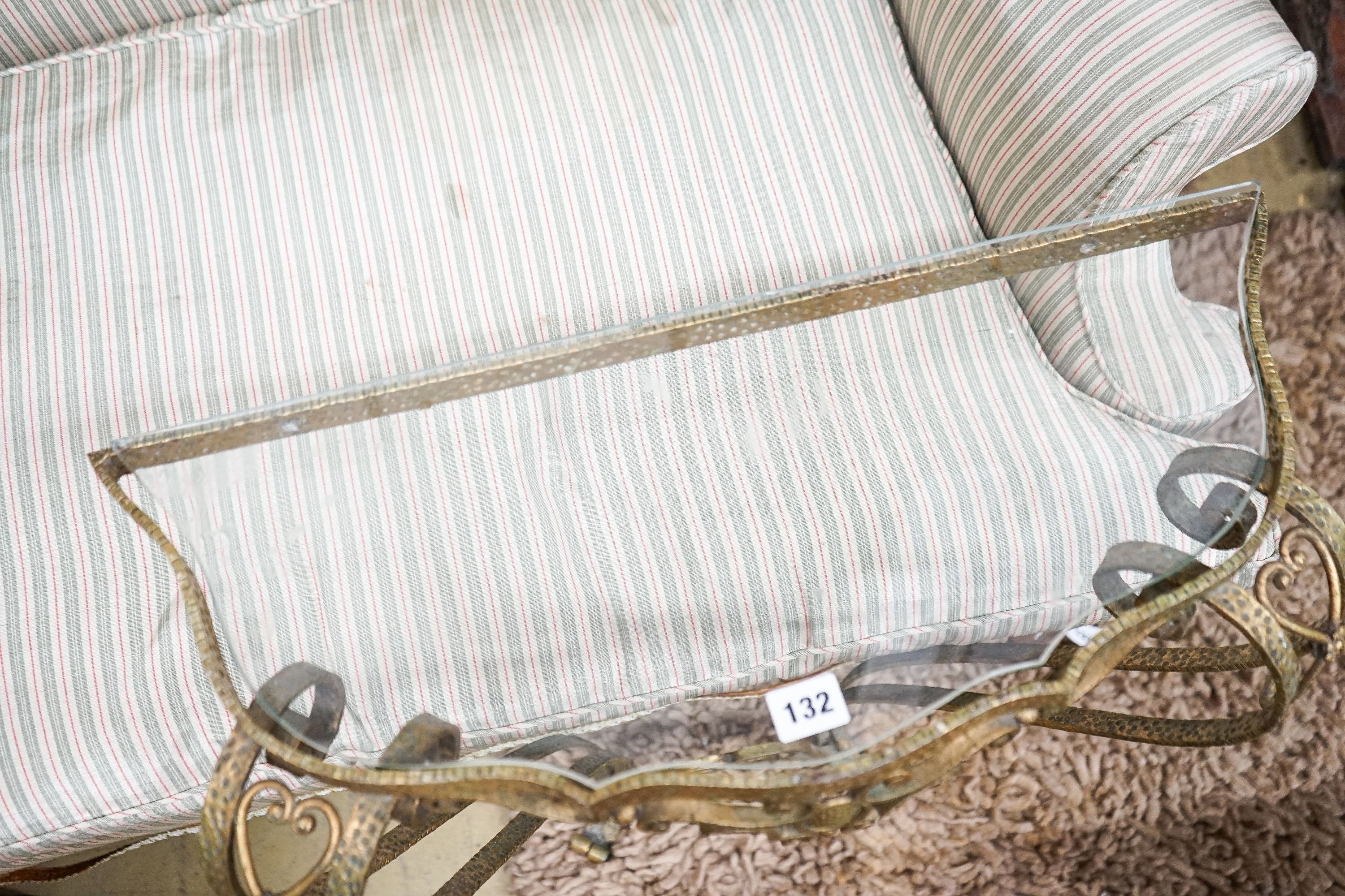 A mid 20th century gilt metal marble glass top console table, width 58cm, depth 23cm, height 74cm